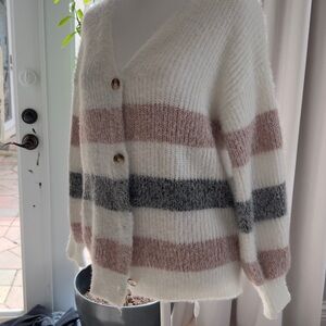 Cream and Pink Fuzzy Cardigan Sweater